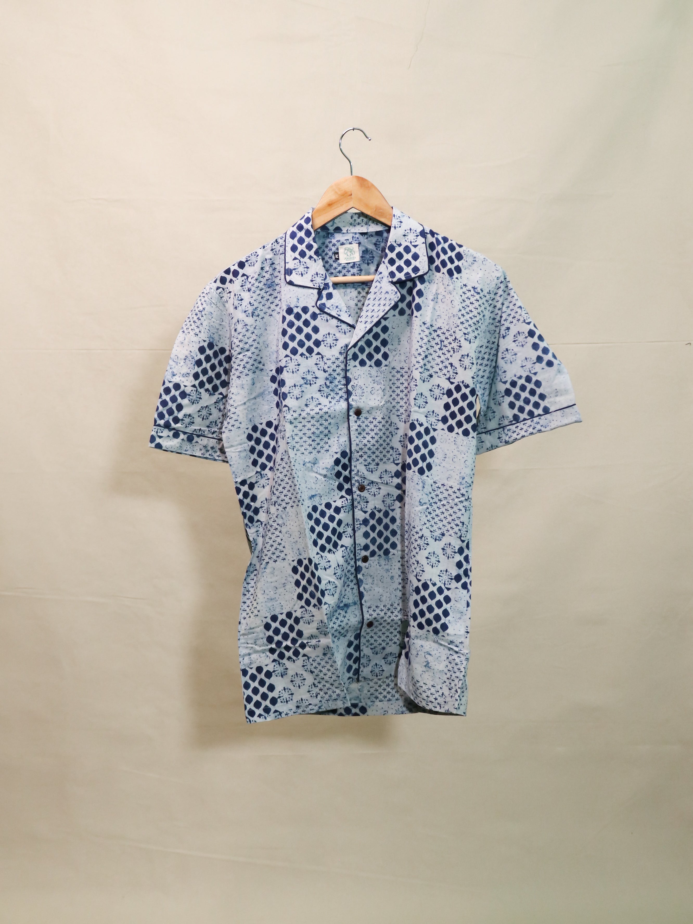 Indigo Patch Print Cuban Collar Shirt