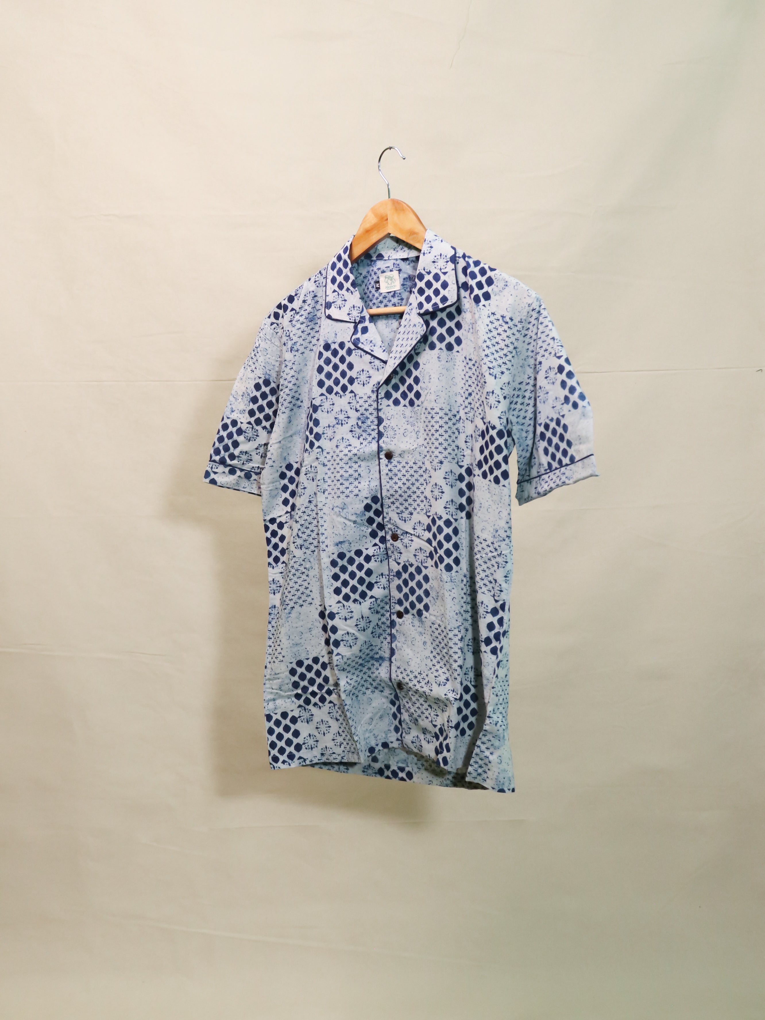 Indigo Patch Print Cuban Collar Shirt