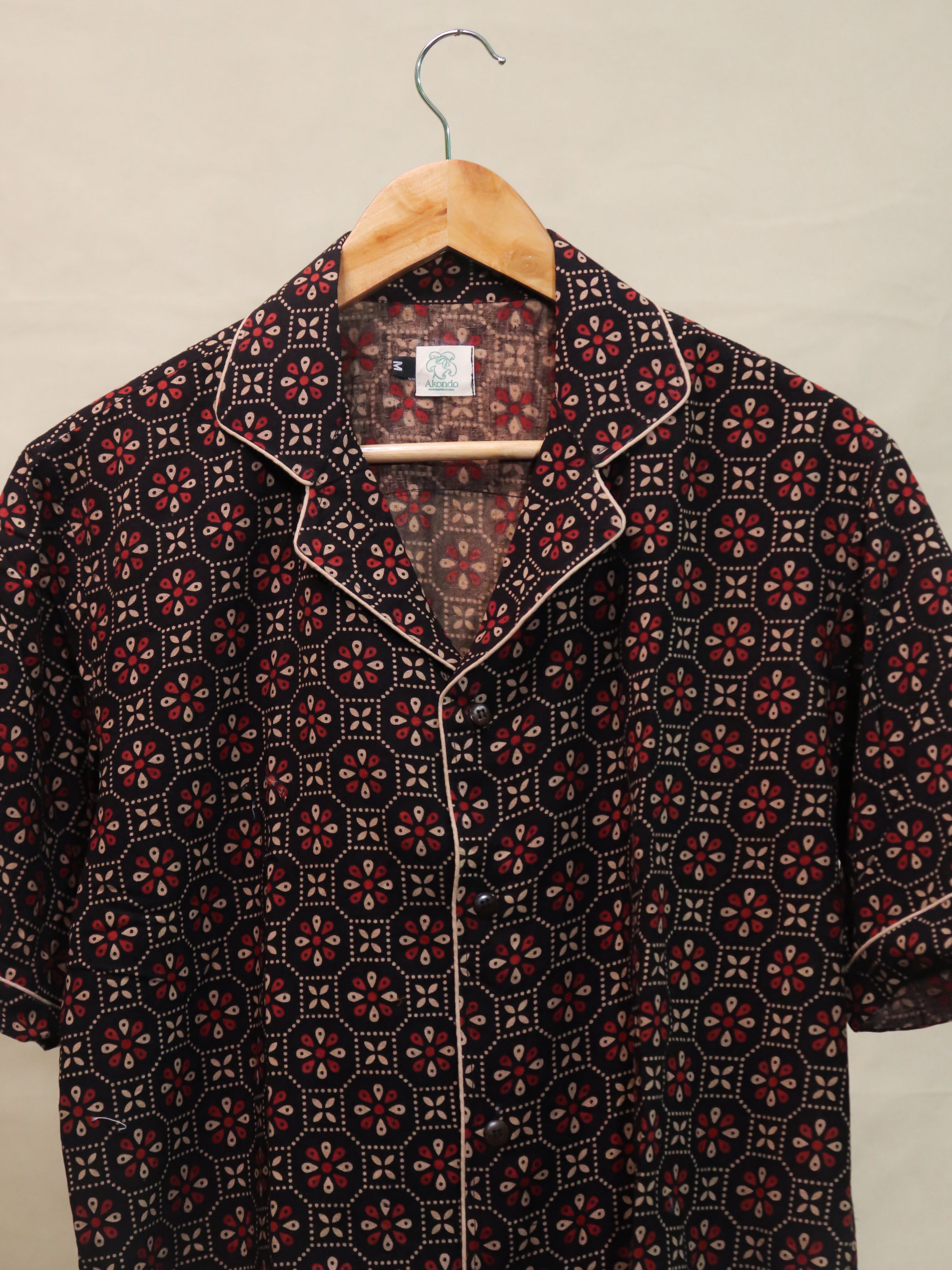 Black Ajrakh Print Cuban Collar Shirt