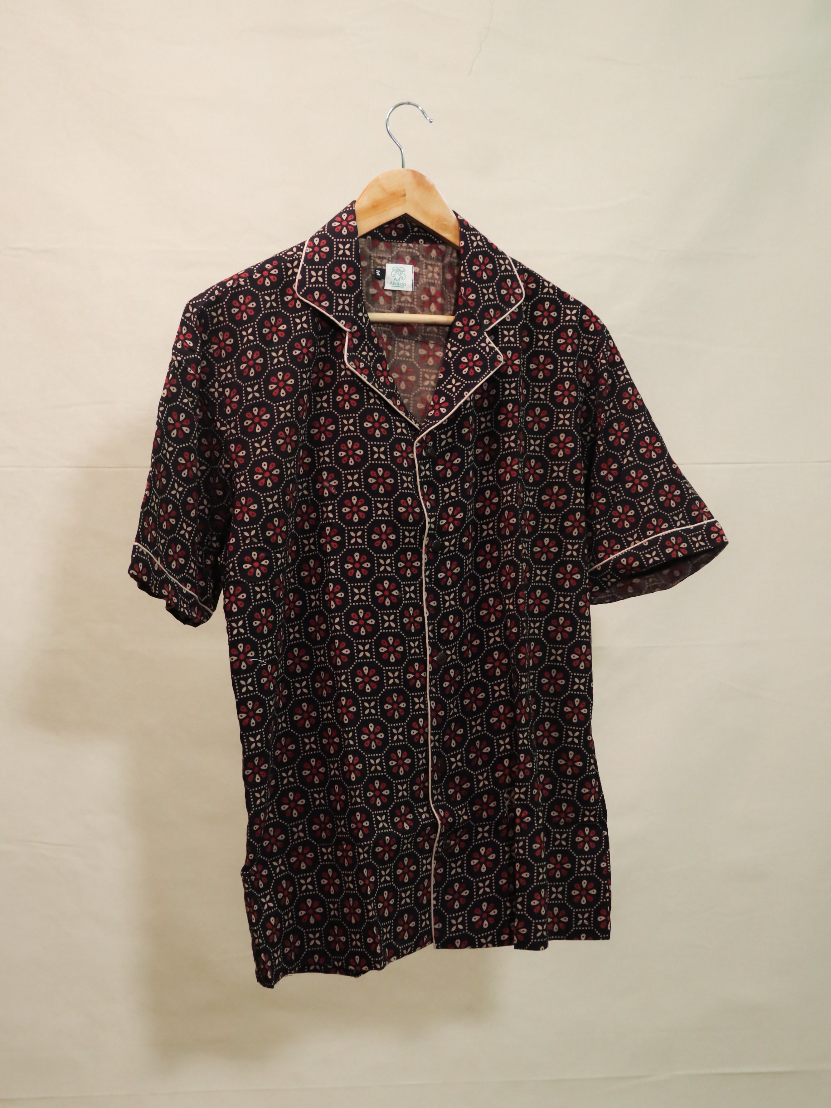 Black Ajrakh Print Cuban Collar Shirt